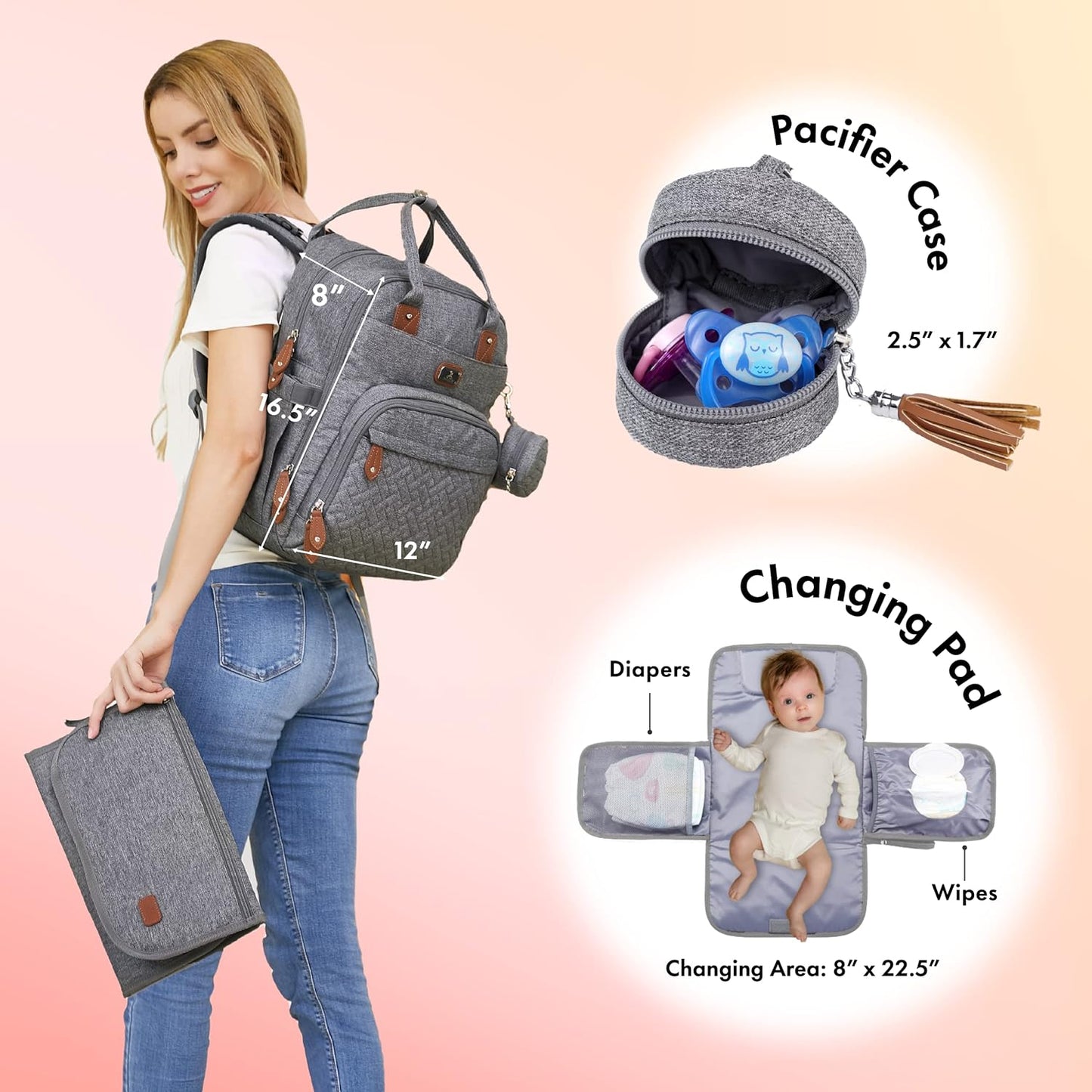 Diaper Bag Backpack with Portable Changing Pad, Pacifier Case and Stroller Straps, Large Unisex Baby Bags for Boys Girls, Multipurpose Travel Back Pack for Moms Dads, Gray