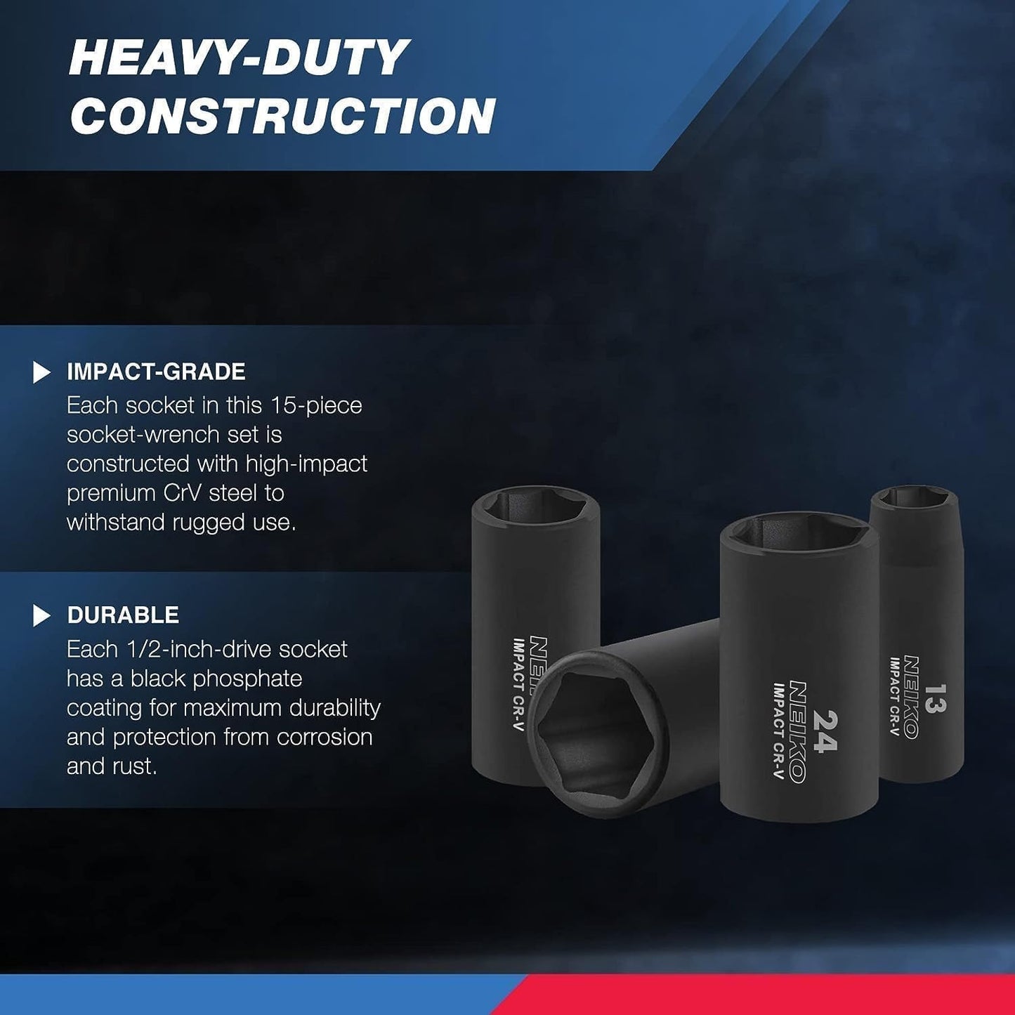 02474A 1/2" Drive Deep Impact Socket Set | 15 Piece | Deep Socket Kit | 6 Point Metric Sizes (10-24 Mm) | Cr-V Steel