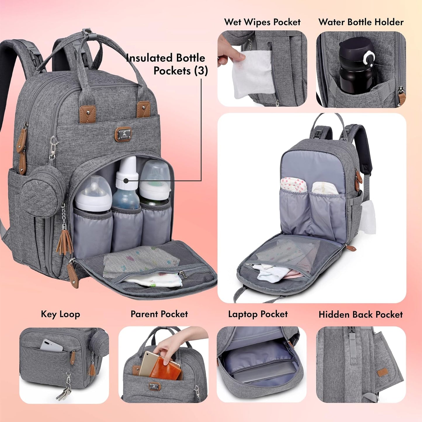 Diaper Bag Backpack with Portable Changing Pad, Pacifier Case and Stroller Straps, Large Unisex Baby Bags for Boys Girls, Multipurpose Travel Back Pack for Moms Dads, Gray