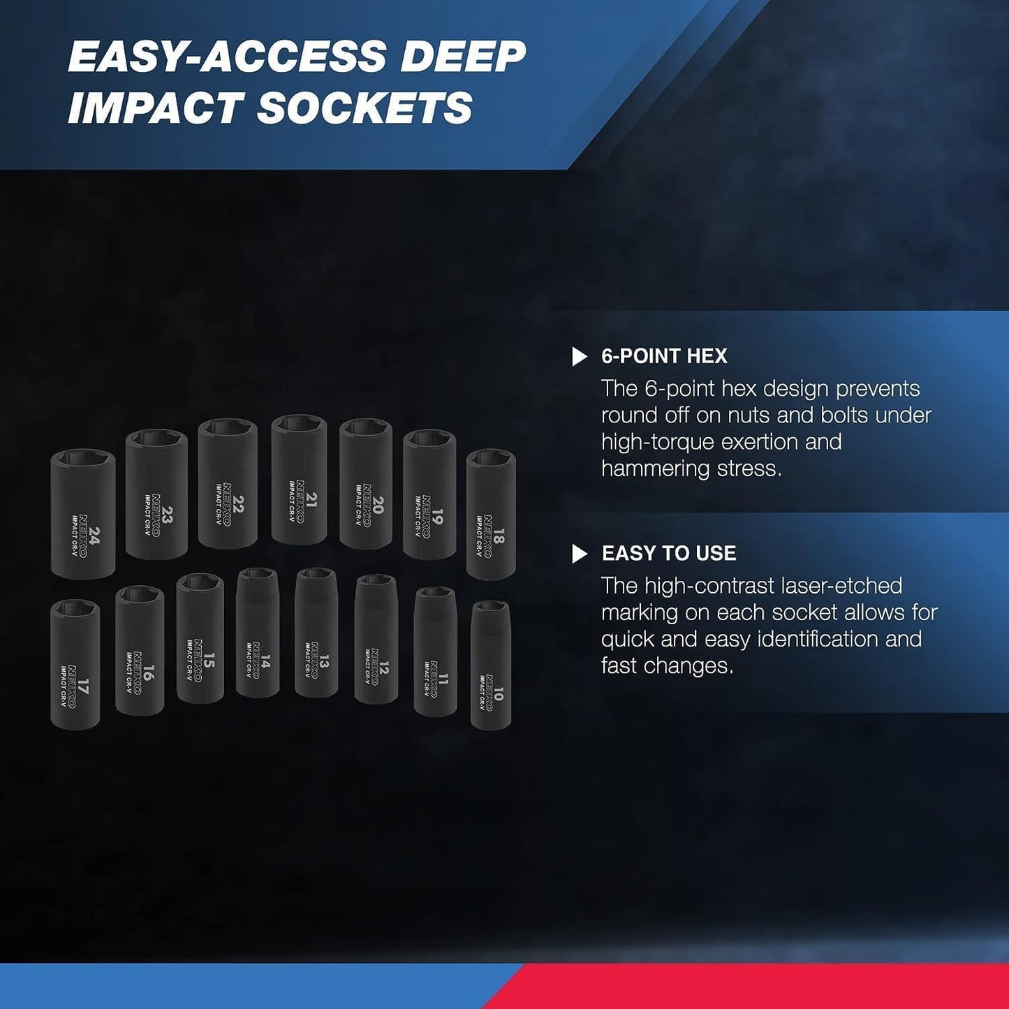 02474A 1/2" Drive Deep Impact Socket Set | 15 Piece | Deep Socket Kit | 6 Point Metric Sizes (10-24 Mm) | Cr-V Steel