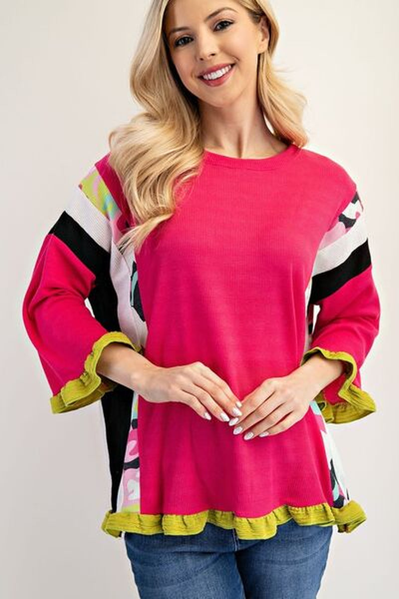 Celeste Full Size Ruffle Sleeve Color Block Top plus Size