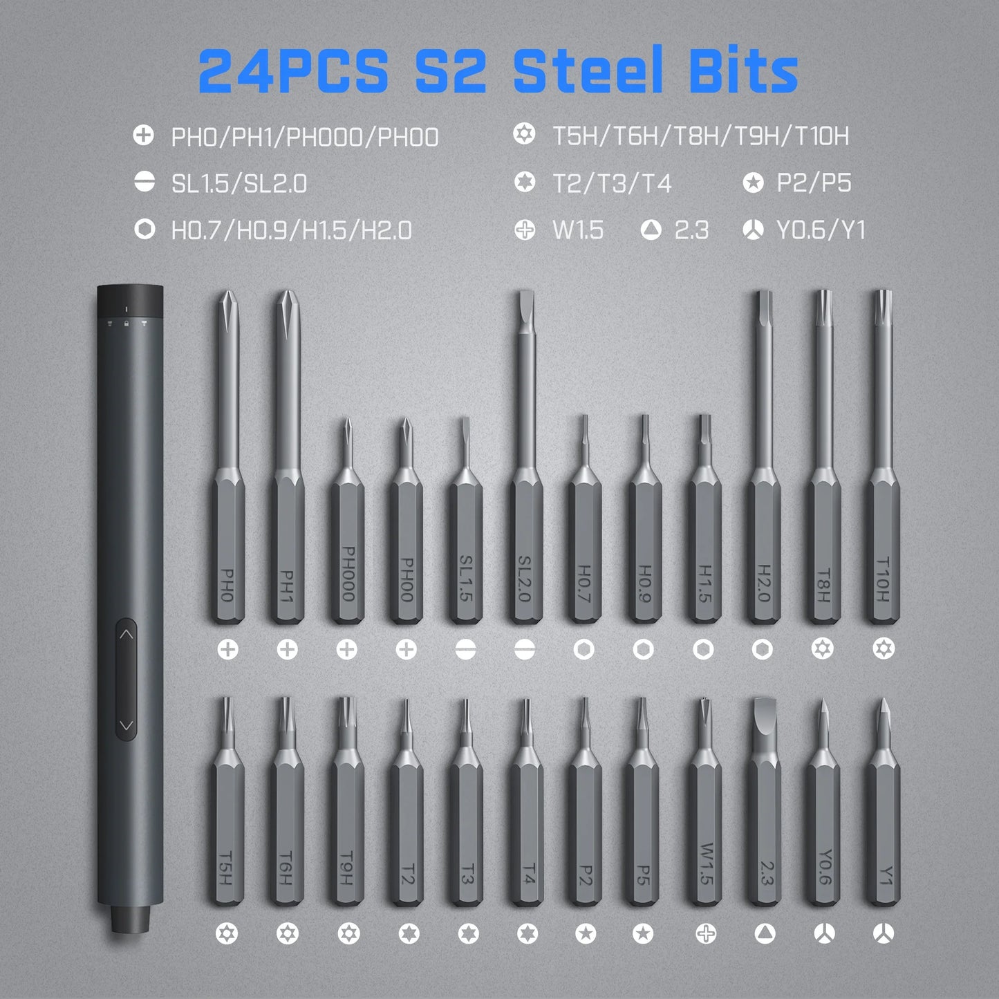 E1 Pro 3.7V Mini Electric Screwdriver Set with 24 Magnetic Bits, 3 N.M Torque, Magnetic Storage, 5/32'' Hex - Repair Tool for Phone, Camera, Laptop, Watch