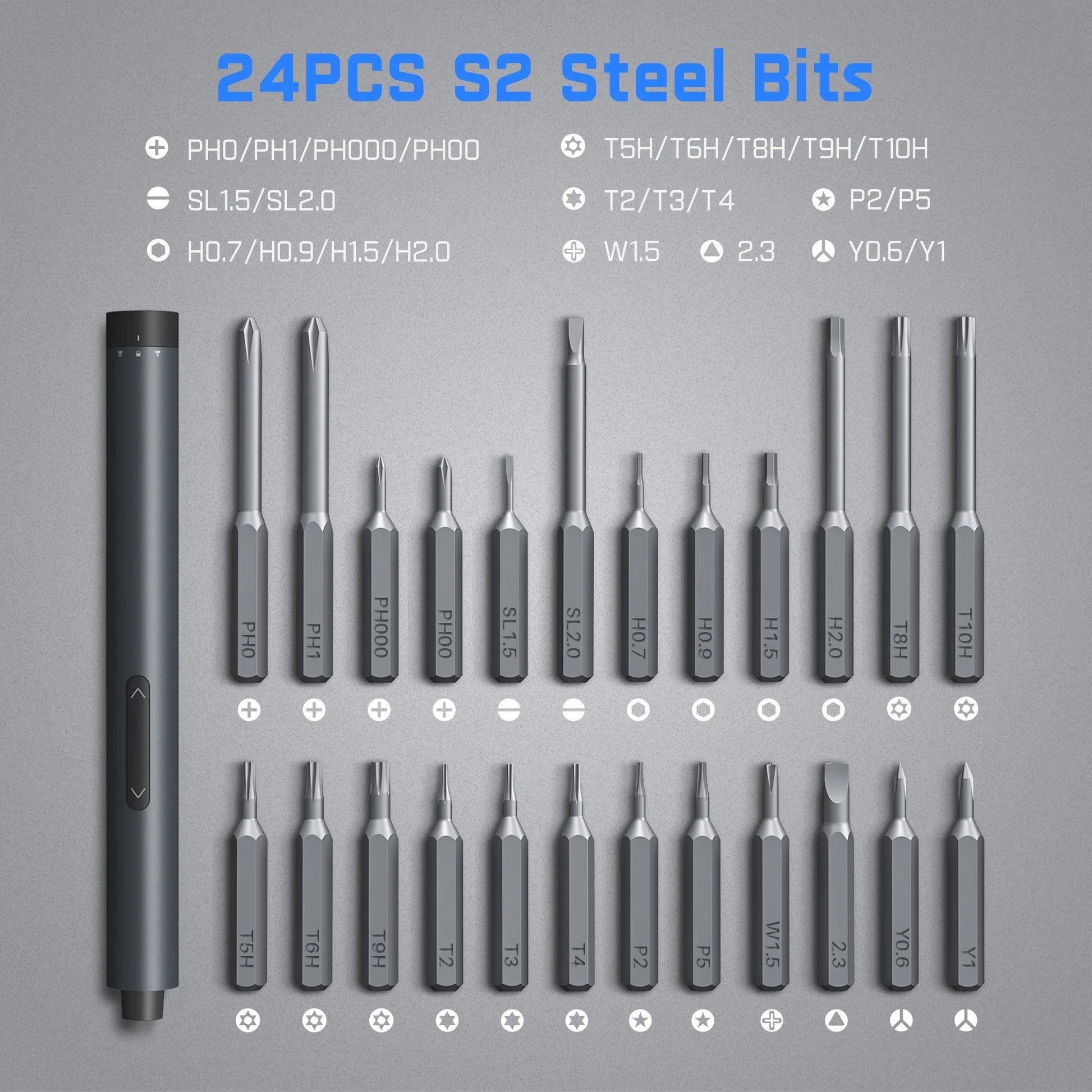 E1 Pro 3.7V Mini Electric Screwdriver Set with 24 Magnetic Bits, 3 N.M Torque, Magnetic Storage, 5/32'' Hex - Repair Tool for Phone, Camera, Laptop, Watch