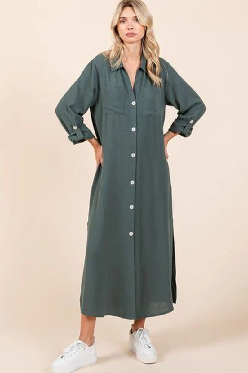Mittoshop Airflow V-Neck Long Sleeve Button down Maxi Dress