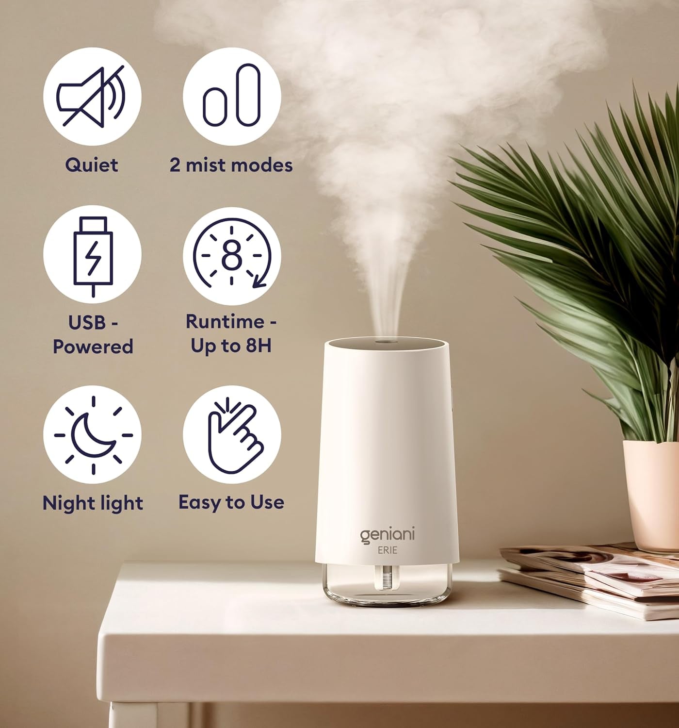 Portable Small Cool Mist Humidifiers - USB Desktop Humidifier for Plants, Office, Car, Baby Room with Auto Shut off & Night Light - Quiet Mini Humidifier (White, 250ML)