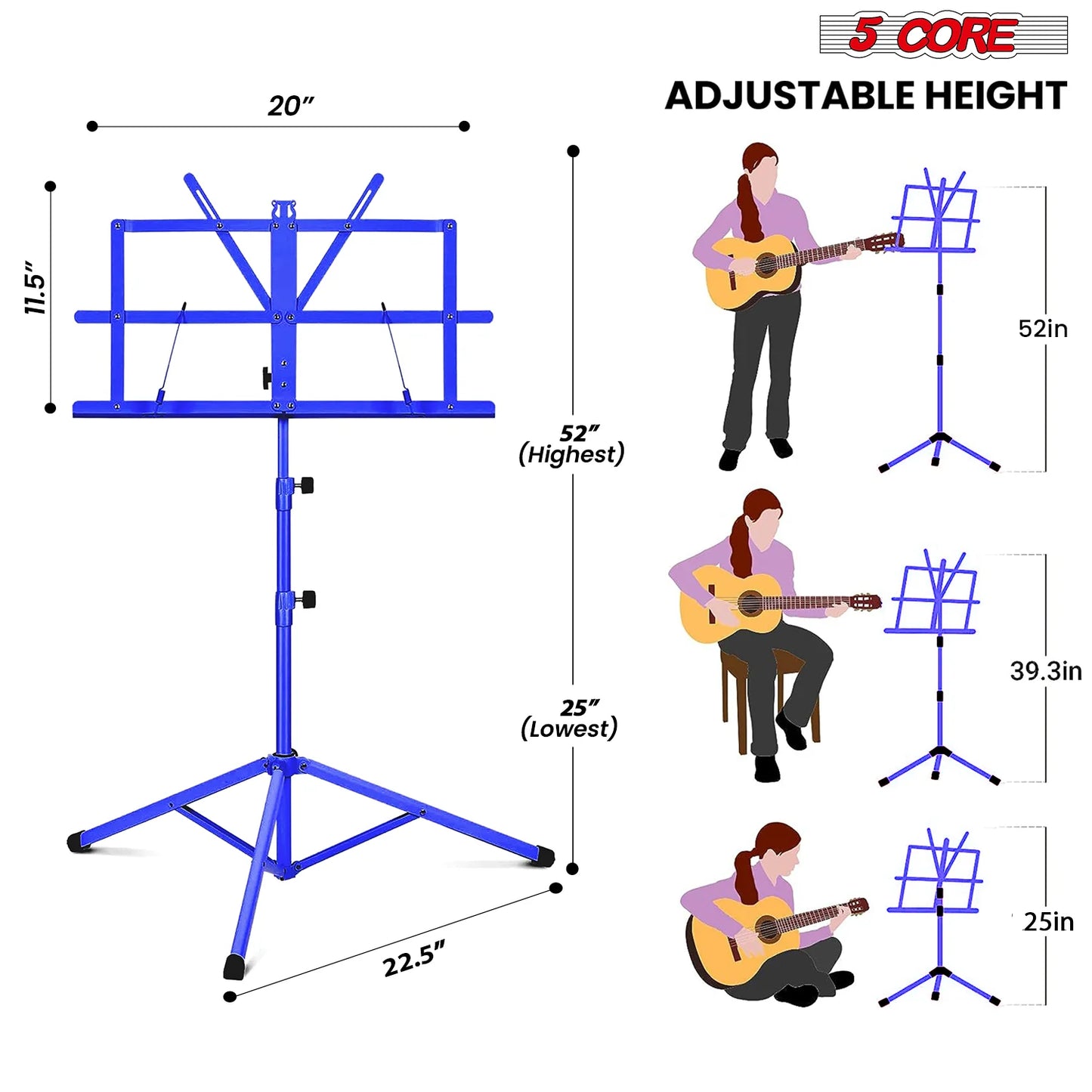5Core Music Stand for Sheet Music Portable Tripod Adjustable Folding Note Holder BLUE