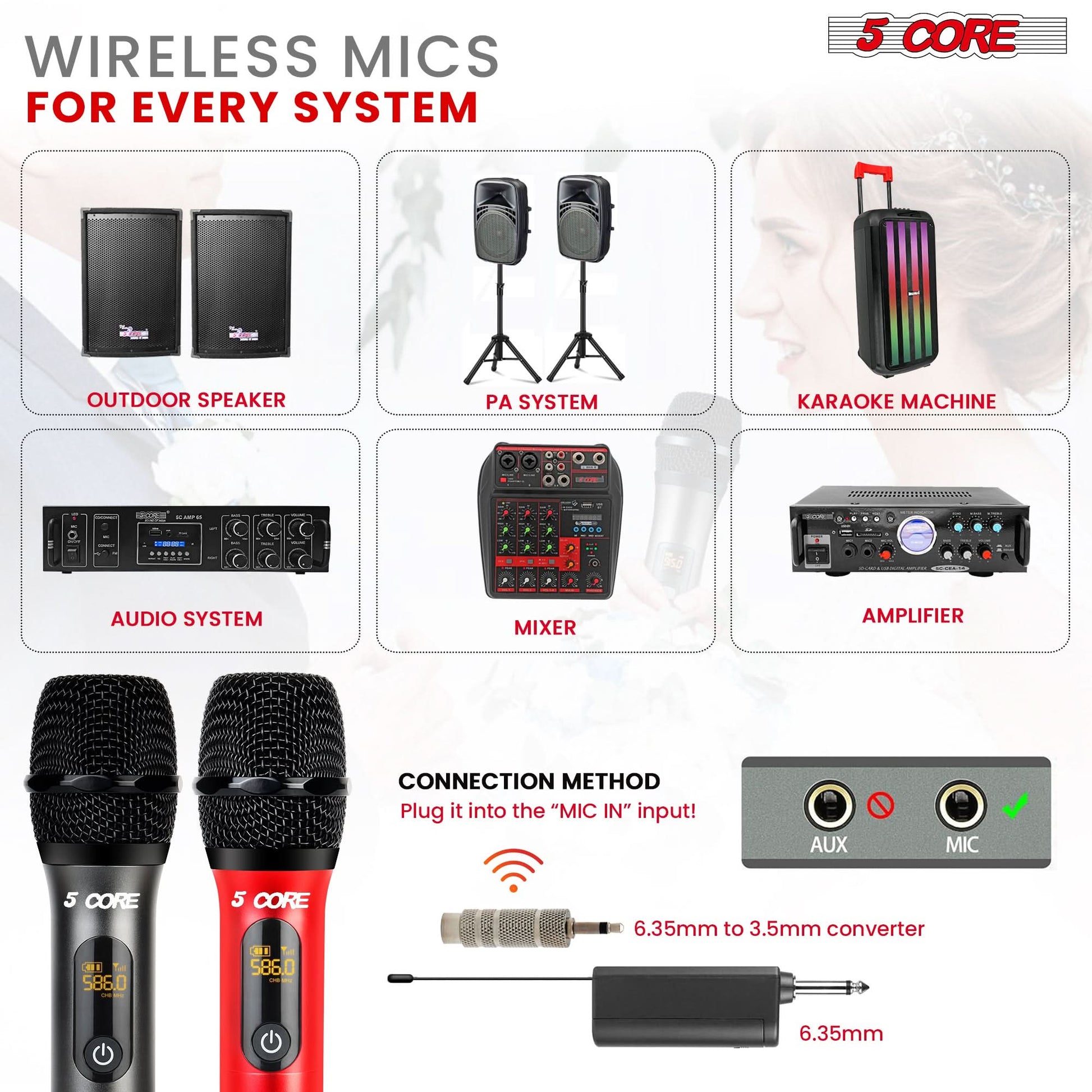 5Core Wireless Microphone Pair UHF Handheld Microfonos Inalambricos Cordless Mic RED + GRAY