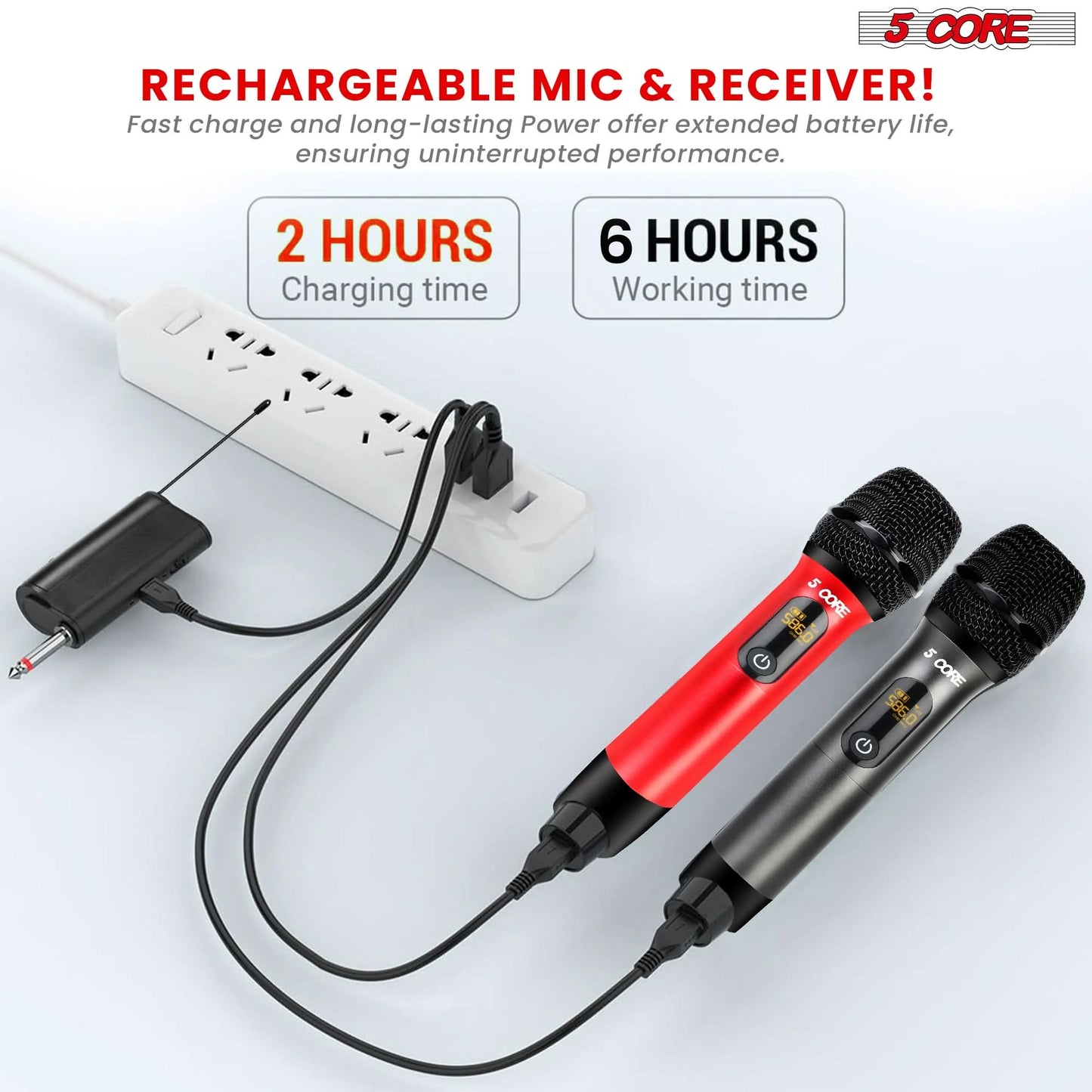 5Core Wireless Microphone Pair UHF Handheld Microfonos Inalambricos Cordless Mic RED + GRAY