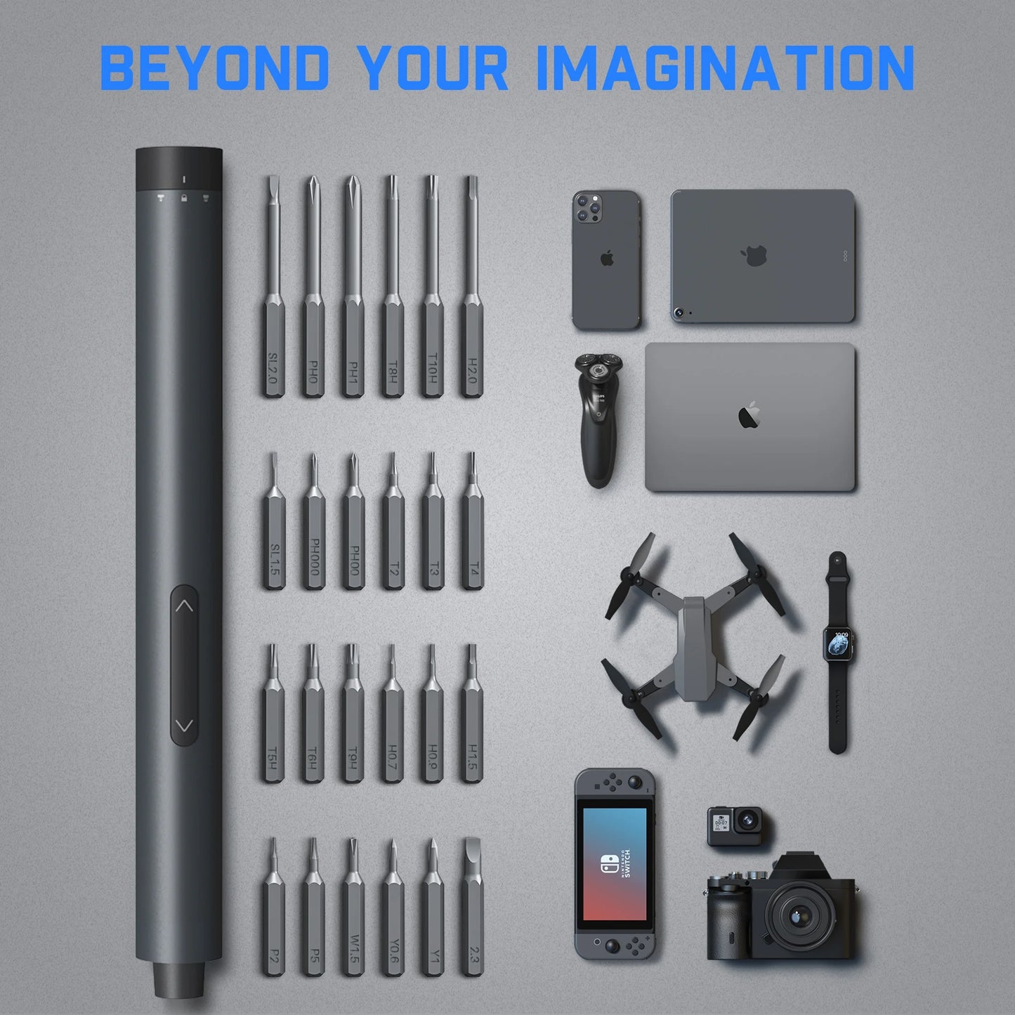 E1 Pro 3.7V Mini Electric Screwdriver Set with 24 Magnetic Bits, 3 N.M Torque, Magnetic Storage, 5/32'' Hex - Repair Tool for Phone, Camera, Laptop, Watch