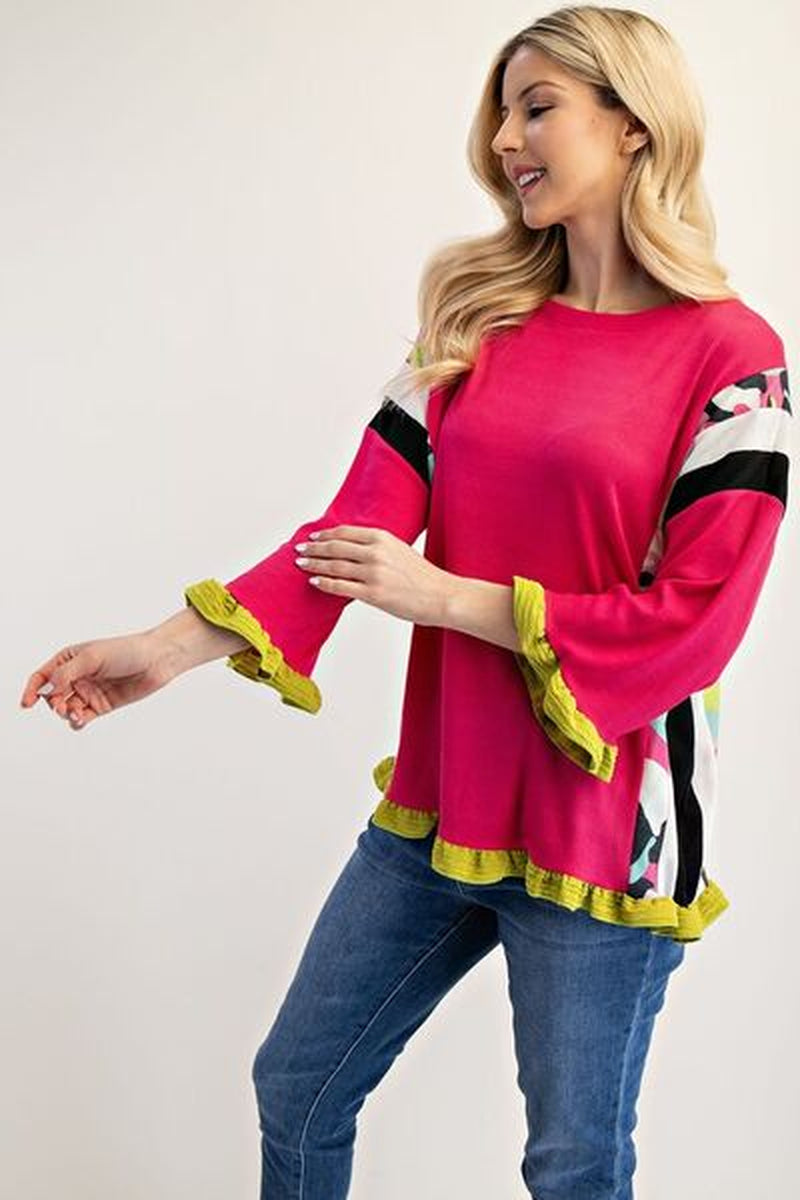 Celeste Full Size Ruffle Sleeve Color Block Top plus Size