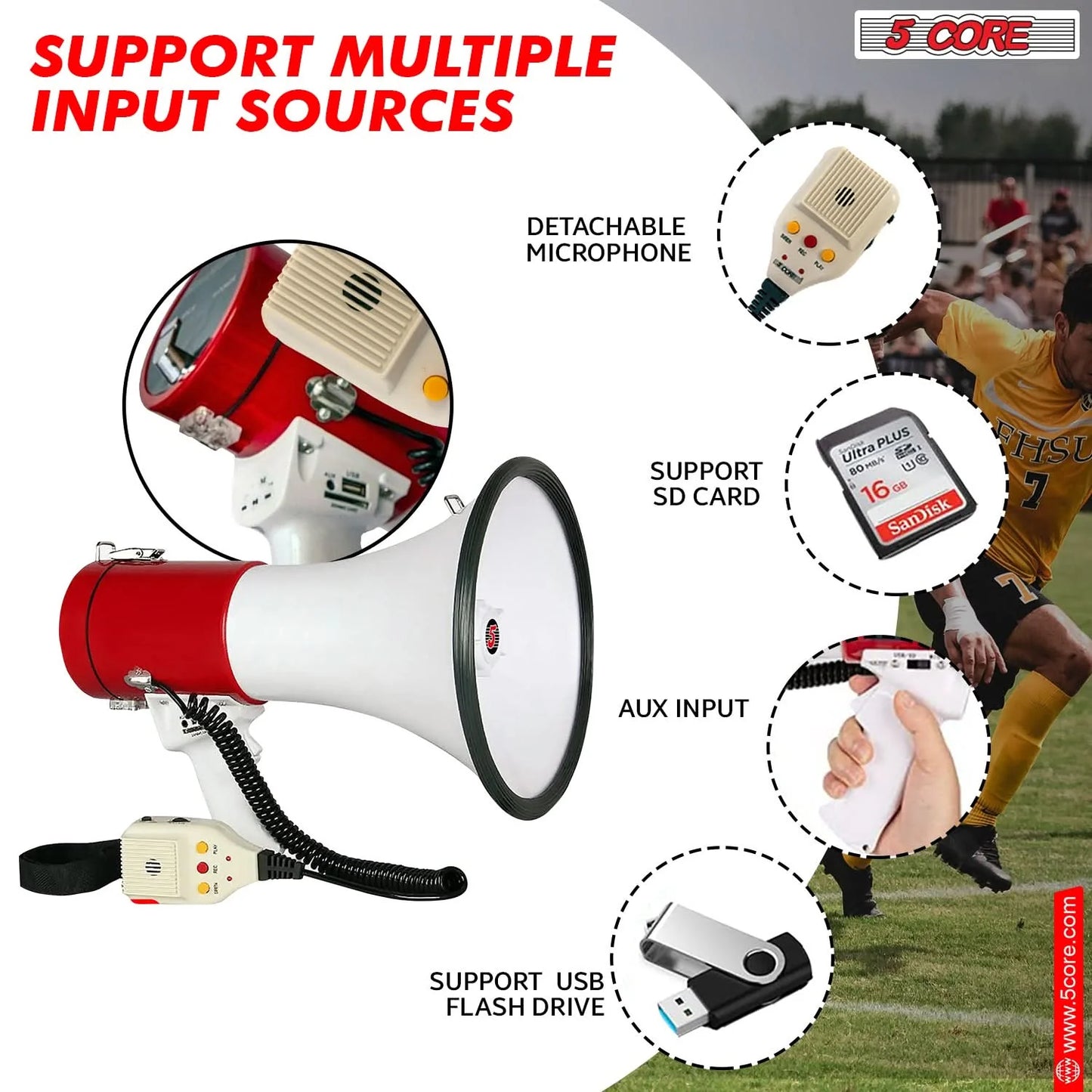 5Core Megaphone Bullhorn Speaker 50W Bull Horn Cheer Megafono 1200 Yards