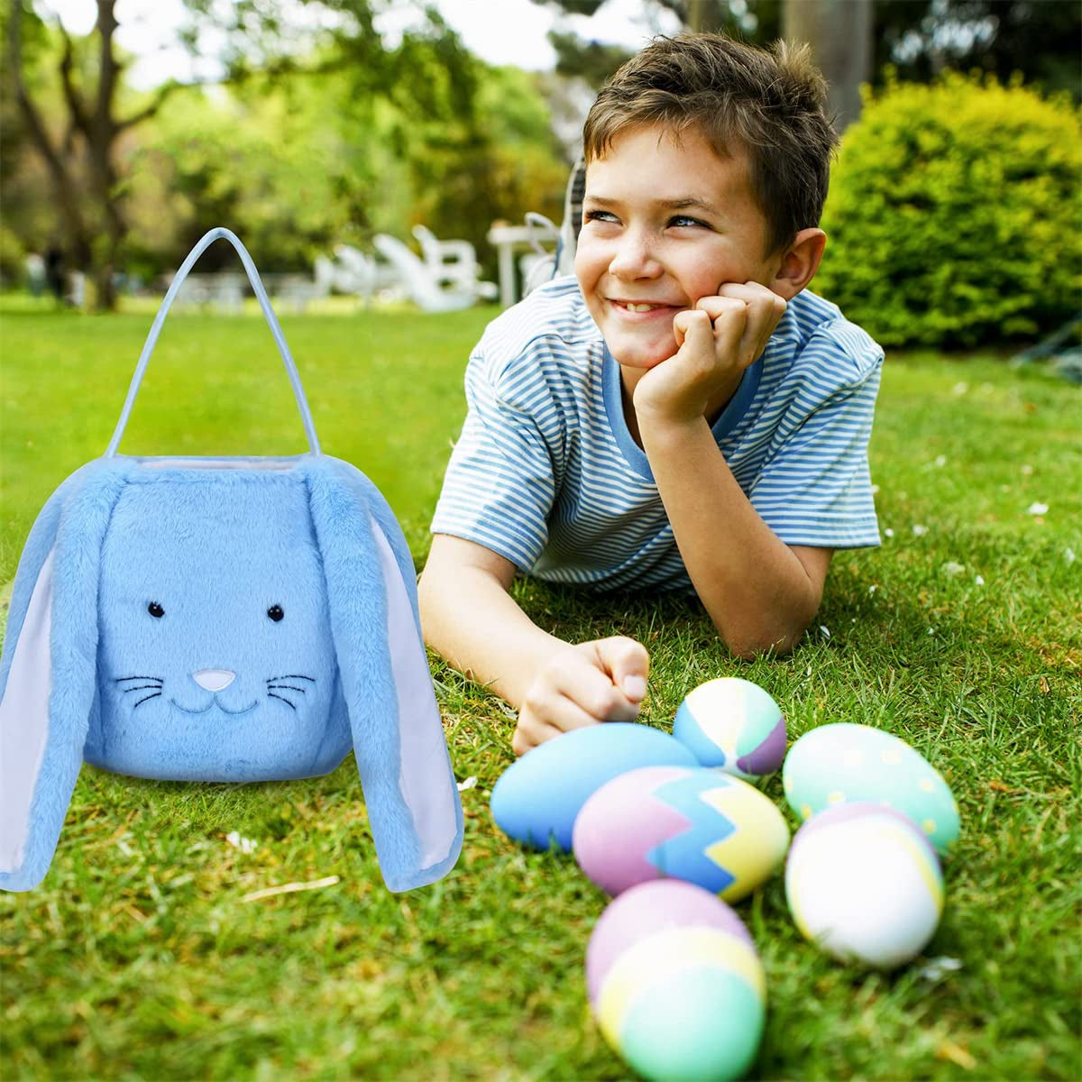 Plush Easter Bunny Basket, Monogrammed Bunny Easter Buckets with Long Plush Ear, Egg Hunting Easter Gift Bags for Kids Boys Girls, Easter Tote Bags for Easter Decorations Candy Gifts…