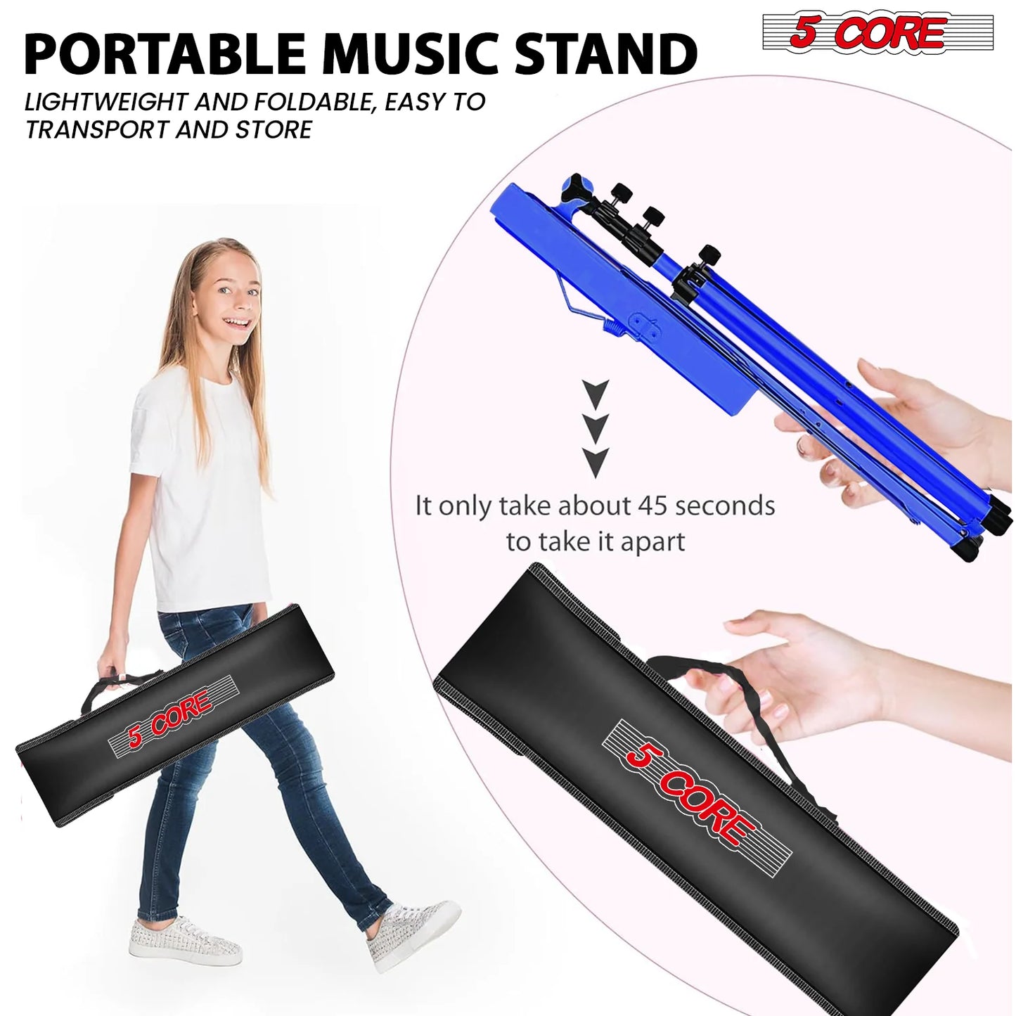 5Core Music Stand for Sheet Music Portable Tripod Adjustable Folding Note Holder BLUE